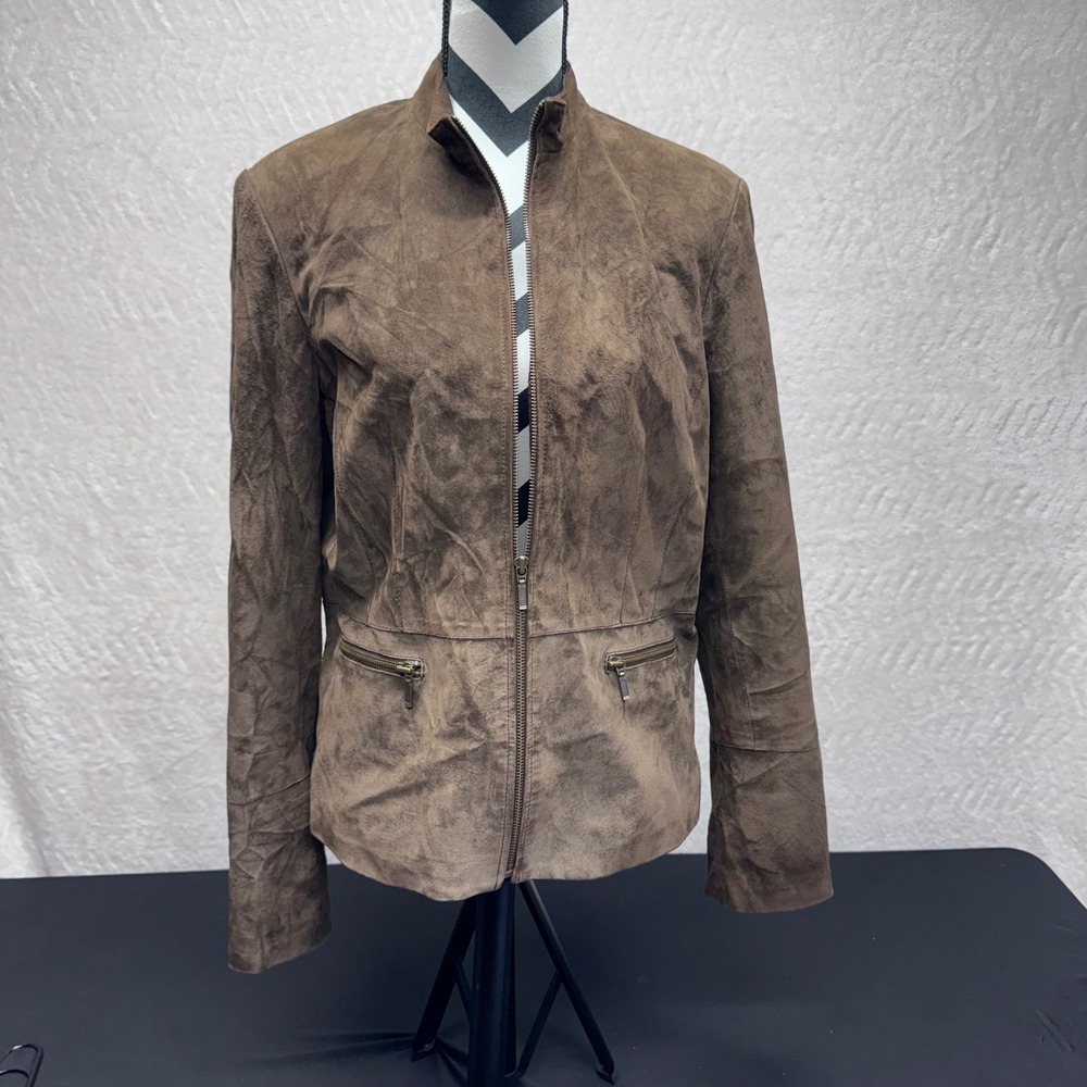 Alfani Womens XL Brown Genuine Leather Suede Mock Neck Zip Up Jacket WPL 8046